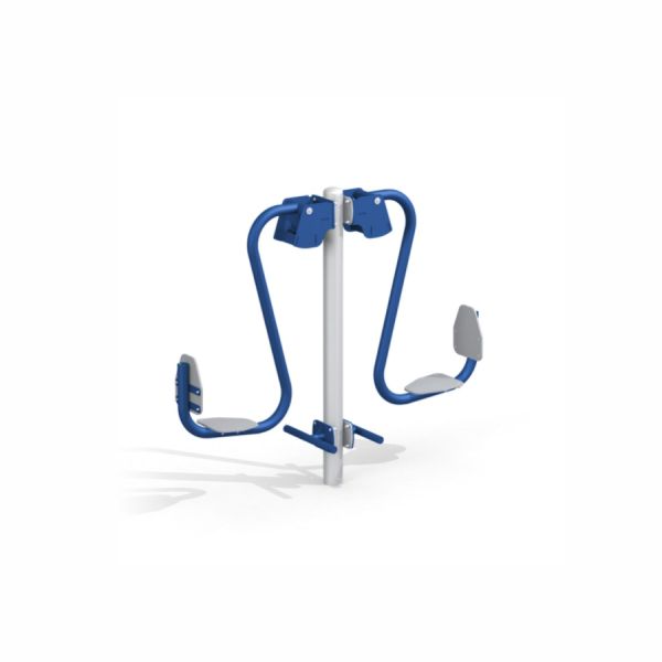 Venkovní fitness zařízení Double Leg Press s modrým a šedým kovovým rámem.