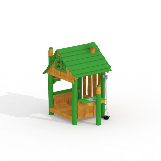 Dřevěný domeček Nill's Playhouse se zelenou střechou pro hřiště