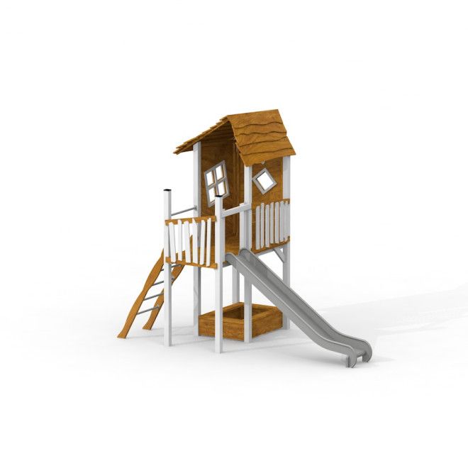 Lisa's Playhouse with slide herní konstrukce ze dřeva a kovu se schody a skluzavkou